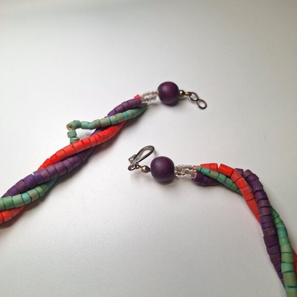 Wooden Necklace 24 Inch Vintage Handmade Tube Beads Triple Strand Hook Clasp - Picture 8 of 10